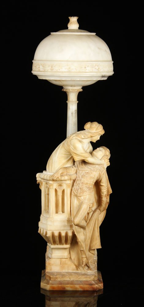 Italian Carved Alabaster Figural Lamp: Italian figural lamp, carved alabaster, depicting Romeo and Juliet, circa 1920s, 31" h x 9" w. Provenance: From the unreserved estate of Clara Netz of San Diego, CA.