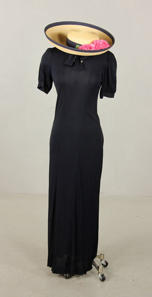 Jean Muir Dress and Philippe Model Hat: Jean Muir dress, early 1970s, viscose jersey, navy, English size 12, American size 8, and Philippe Model hat, early 1980s, made in France, purchased at Bergdorf Goodman in NYC, price tag attached, slo