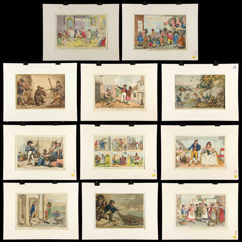 11 Early 19th C. Hand Colored Etchings: Lot of 11 early 19th century hand colored etchings, including pieces by James Gillray, Charles Williams, GM Woodward, etc, all in mats measuring 15" h x 20" w. Provenance: From a MA estate.