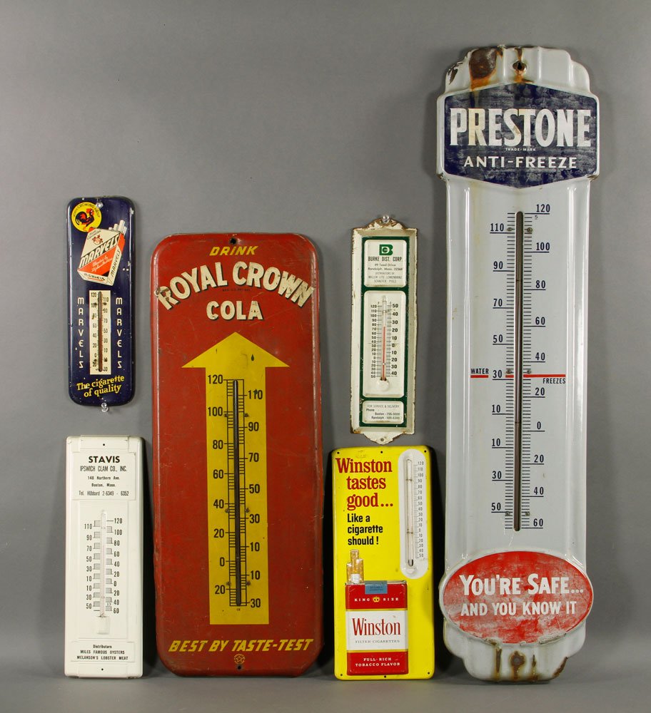 6 Vintage Advertising Thermometers: Lot of six vintage advertising thermometer, to include: Coca Cola, Ipswich Clam Co, Marvels, Burke Distribution Corp, Winston, and Prestone, 36"h x 10"w x 1"d (largest) (Prestone). Provenance: From th