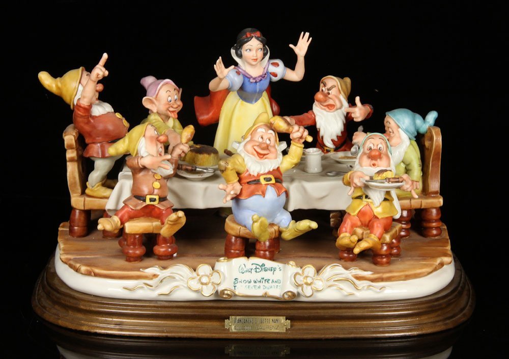 Capodemonte "Walt Disney's Snow White and the Seven: Capodemonte "Walt Disney's Snow White and the Seven Dwarves," figural group, porcelain, editioned of 2500, marked and signed, 12" h x 18" w x 13" d. Provenance: From a NH estate.