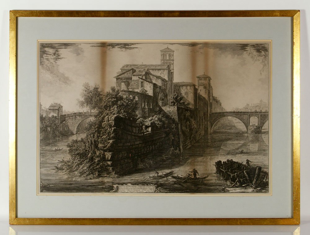 Piranesi, "Veduta dell'Isola Tiberina," Print: Giambattista Piranesi, "Veduta dell'Isola Tiberina," print, editioned 740, 19" h x 29" w (view), 26" h x 35" w (frame). Provenance: From a California estate.