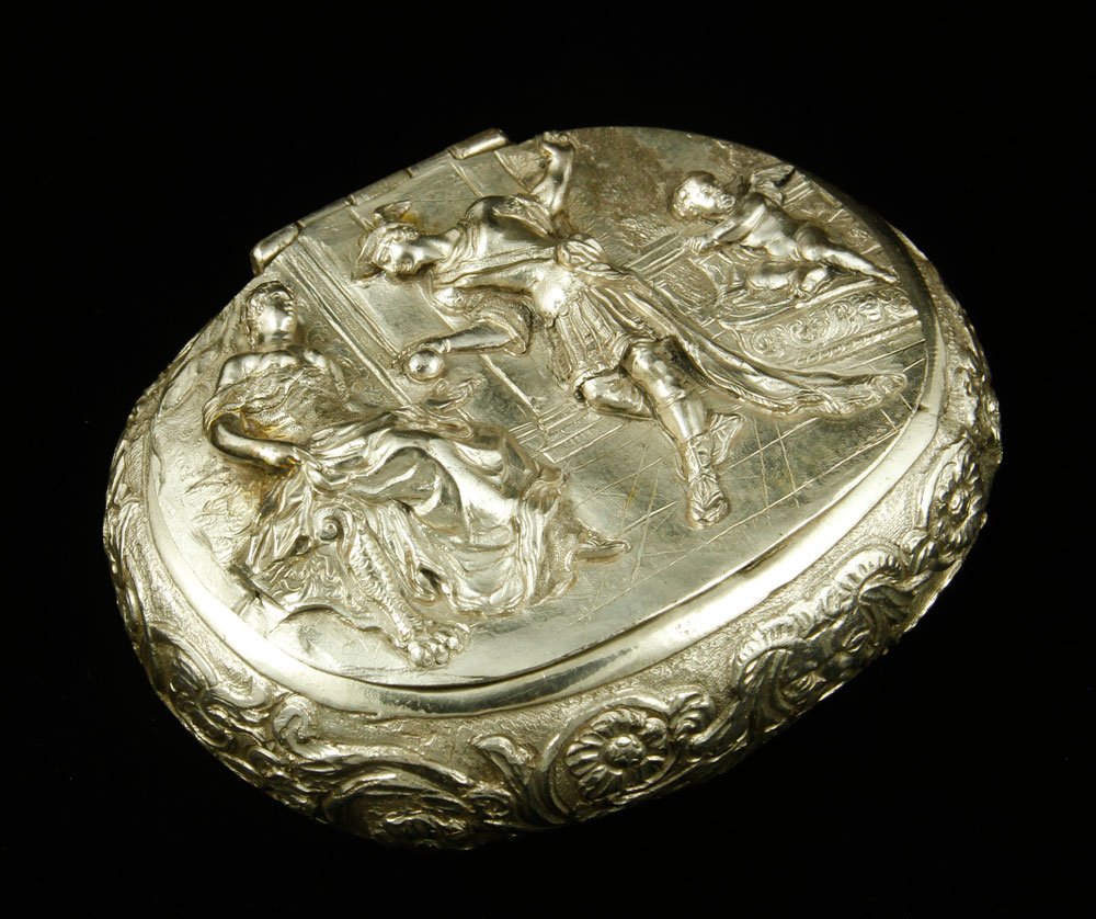 Continental Silver Patch Box: Continental patch box, .800 silver, with repousse design, decorated with classical figural scenes on lid and bottom, unmarked, approximately 4.0 troy ounces TW. Provenance: From the unreserved private