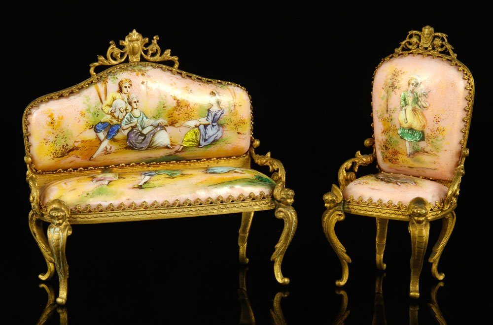 Miniature Settee and Chair, Enameled: Hand-painted miniature settee and chair set, enameled, possibly Limoges, 3 1/2" h x 4" l. Provenance: From the unreserved private collection of Dorothea M. Beers, Palm Beach, Florida, a noted Palm Bea
