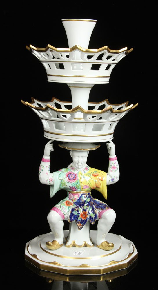 Mottahedeh Center Piece: Mottahedeh Chinese motif centerpiece, 25" h. Provenance: From the unreserved private collection of Dorothea M. Beers, Palm Beach, Florida, a noted Palm Beach dealer in Continental porcelain and silver