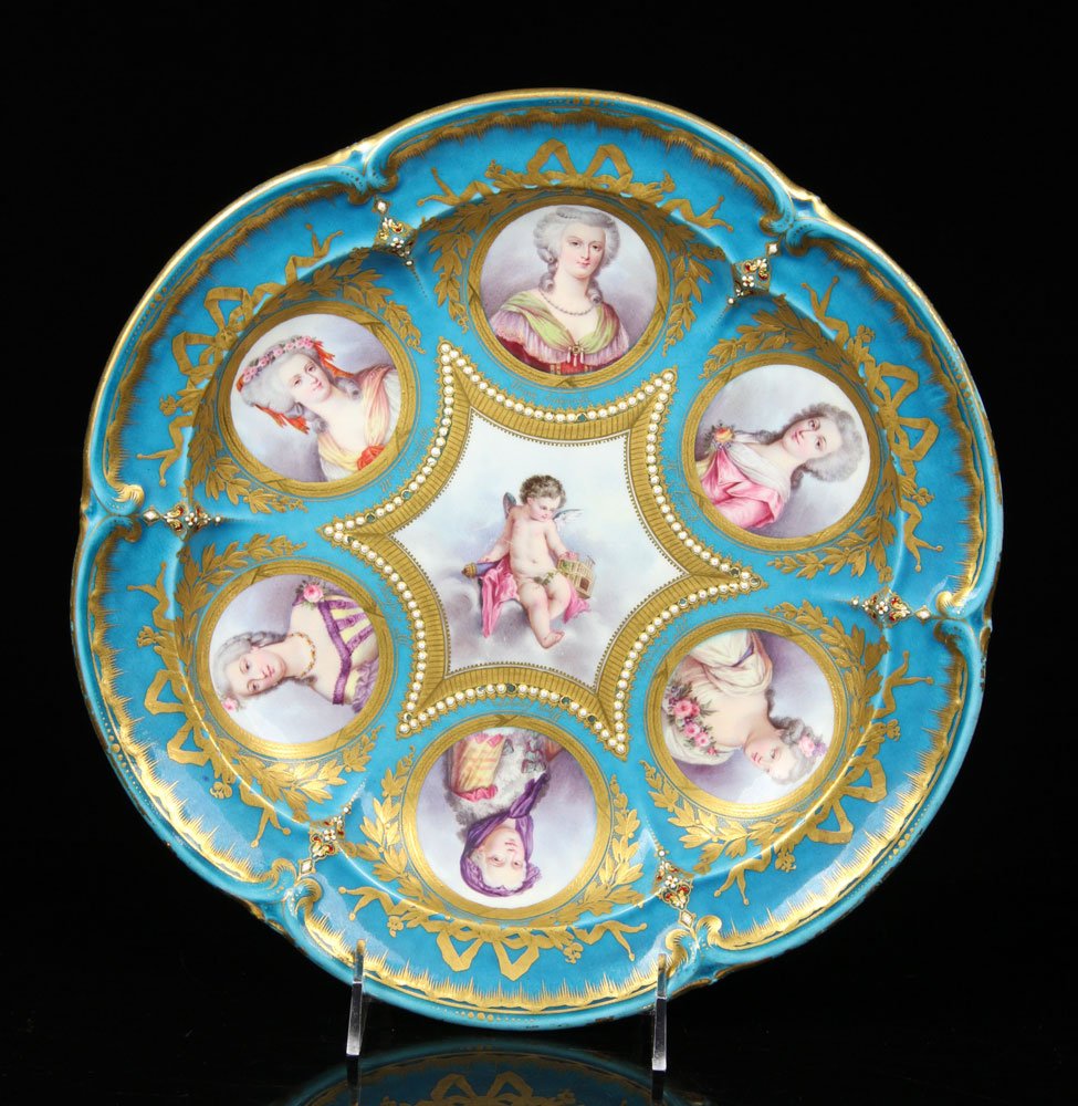 18th C. Sevres 6 Portrait Plate: 18th century Sevres six portrait plate, porcelain, celeste blue glaze with jeweled decoration, 11 1/2" dia. Provenance: From the unreserved private collection of Dorothea M. Beers, Palm Beach, Florida