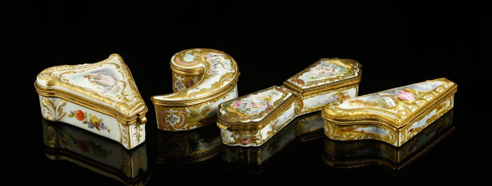 Lot of 4 Meissen Patch Boxes: Lot of four Meissen patch boxes, porcelain, all unusual forms, hand painted, including two harp shaped boxes, one in the shape of a comma, and one with two lids, largest 6 5/8" w. Provenance: From the