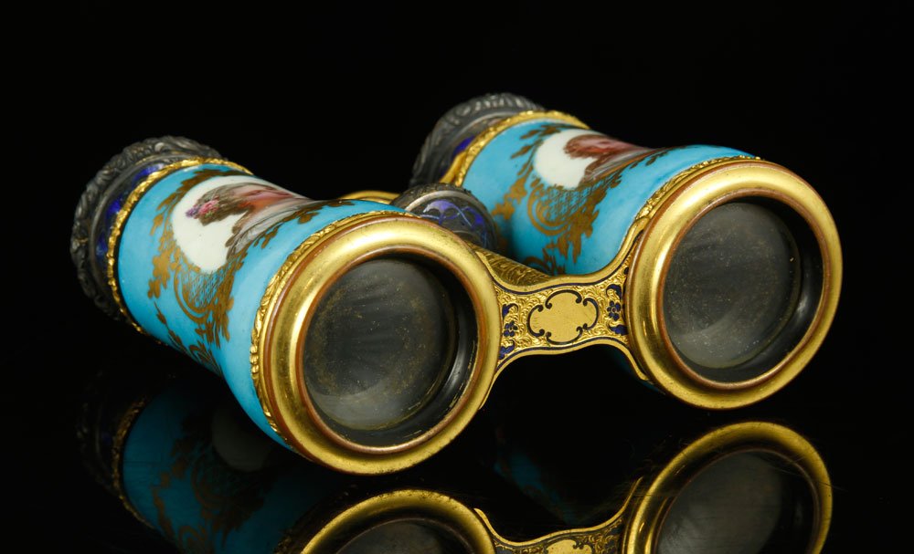 19th C. Sevres Style Opera Glasses: 19th century Sevres style opera glasses, porcelain, with portraits, 1 5/8" h x 3 3/4" w x 4 1/4" d. Provenance: From the unreserved private collection of Dorothea M. Beers, Palm Beach, Florida, a note