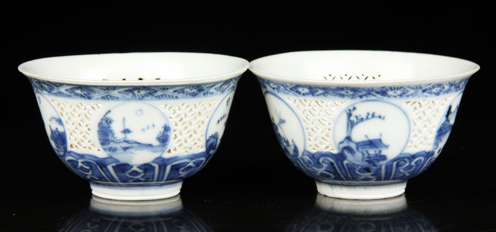 2 Pr. 17th C. Chinese Ming Dynasty Blue and White: Two pairs of 17th century Chinese Ming Dynasty blue and white reticulated bowls, porcelain, circa 1644, 3 1/2" dia. Provenance: From the Hatcher Collection, auctioned at Christie's Amsterdam in 1984.