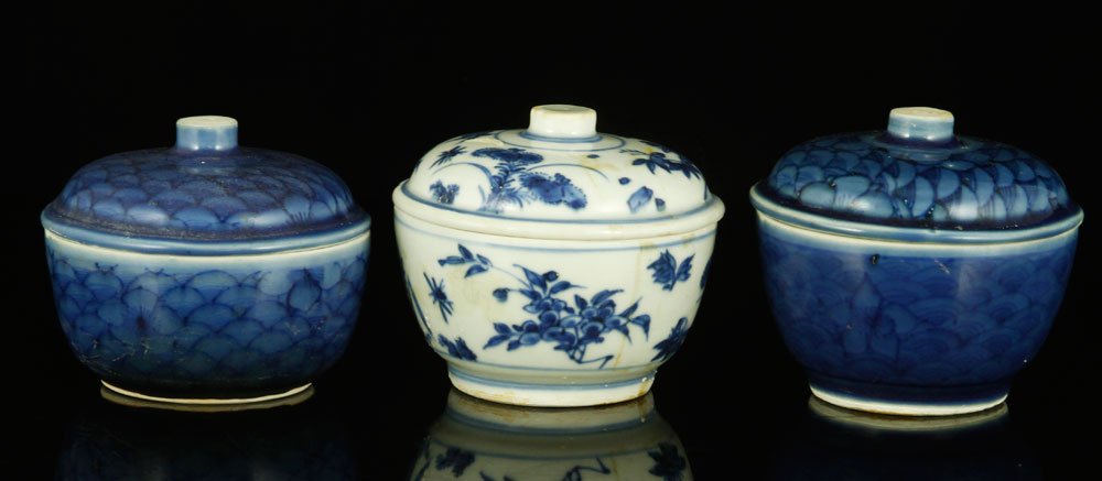 Three 17th C. Chinese Ming Dynasty Blue and White: Three 17th century Chinese Ming Dynasty blue and white covered bowls, circa 1644, 3 1/4" dia. Provenance: From the Hatcher Collection, auctioned at Christie's Amsterdam in 1984.