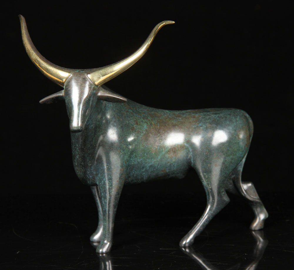 Vanderveen, Bronze Bull: Loet Vanderveen (Dutch, 1921- ), standing bull sculpture, bronze, copper brown patina and gilt horns, editioned #119 of 500, 8" h x 9" w x 4" d. Provenance: From a New Hampshire estate.