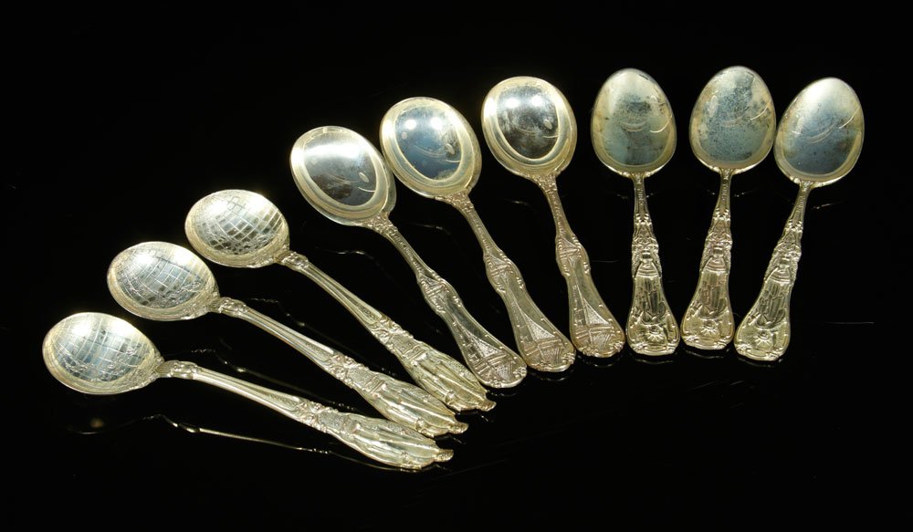 Lot of 9 Tiffany and Co. Sterling Silver Spoons: Lot of nine Tiffany and Co. souvenir spoons, sterling silver, to include: three "Statue of Liberty" spoons (5 7/8" l), three "Christopher Columbus" spoons designed by John T. Curran (5 3/4" l) and thr