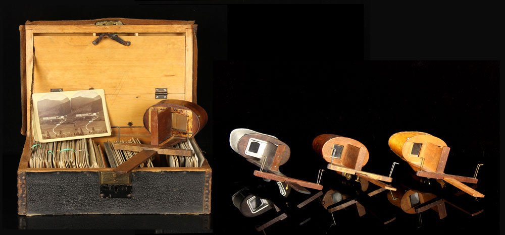 Lot of Stereoscopic Items: Lot of stereoscopic items, including four viewers, and approximately 250 slides in leather bound cases, with views of New Hampshire, Massachusetts, Scotland and Ireland, among others, viewers approxim