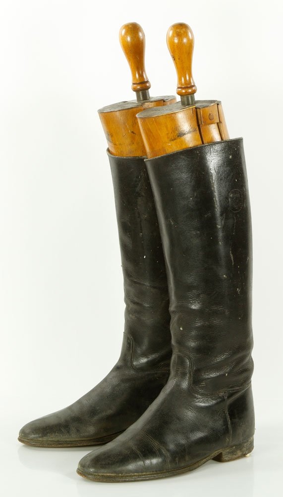 Pr. Thomas of St. James' St. Riding Boots: Pair of riding boots with forms by Thomas of St. James' Street, London, labeled G.V. Grace, boots 18" h, forms 24 1/2" h. Provenance: From a Massachusetts estate.
