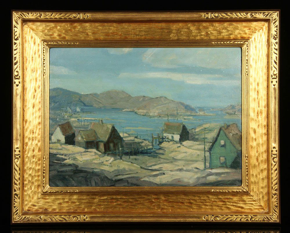 Max Weber, Harbor Scene, O/B: Max Weber, harbor scene, oil on board, 17" h x 23" w (view), 26" h x 32" w (frame). Provenance: From the Kaplan Family Estate of Palm Beach Gardens, FL.