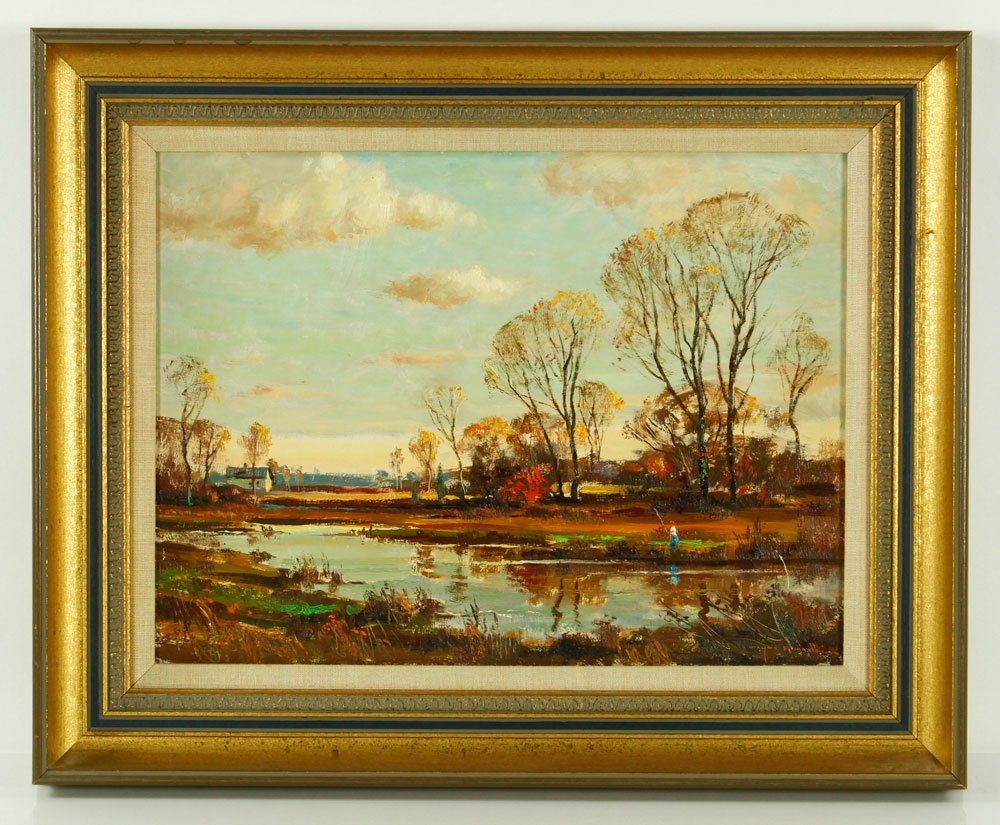 Morrell, Fisherman at the Creek, O/M: Wayne Morrell (American, 1923-2013), fisherman at the creek, oil on Masonite, signed lower right, 12" h x 16" w (view), 17" h x 21" w (frame). Provenance: From a Massachusetts estate.