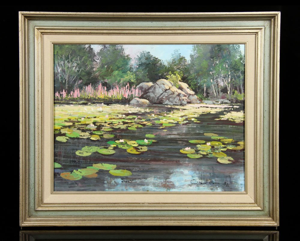 Mann, Lily Pads, O/M: Ward Mann (American, 1921-2005), lily pads, oil on Masonite, signed lower right, dated '86, 14" h x 17 3/4" w (view), 19 1/2" h x 23 1/2" w (frame). Provenance: From a Massachusetts estate.