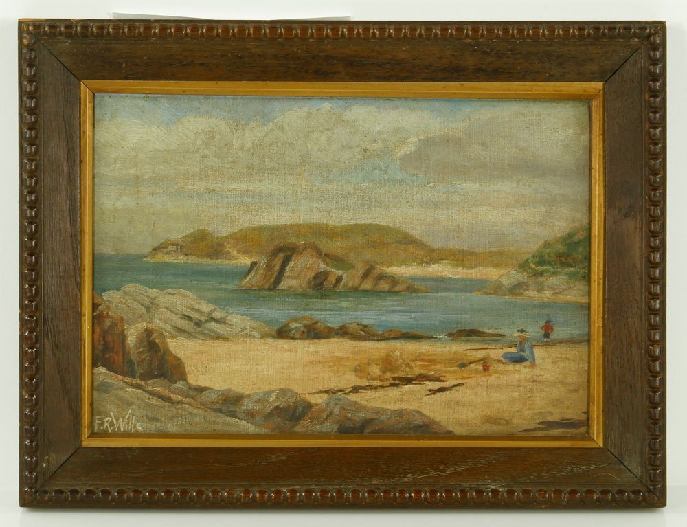 Willis, East Point Nahant, O/B: East Point Nahant, oil on board, signed "F. R. Willis," c. 1870-1880, signed lower left, 8 1/2" h x 12" w (view), 11" h x 14 1/2" w (frame). Provenance: From a Massachusetts estate.