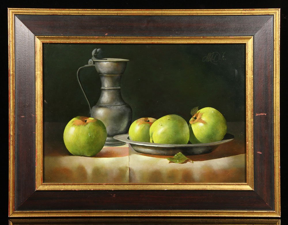 Van Dolen, Green Apples, O/C: Van Dolen, green apples, oil on panel, with Maxwell Gallery label verso, 10" h x 15" w (view), 15" h x 20" w (frame). Provenance: From the Kaplan Family Estate of Palm Beach Gardens, FL.
