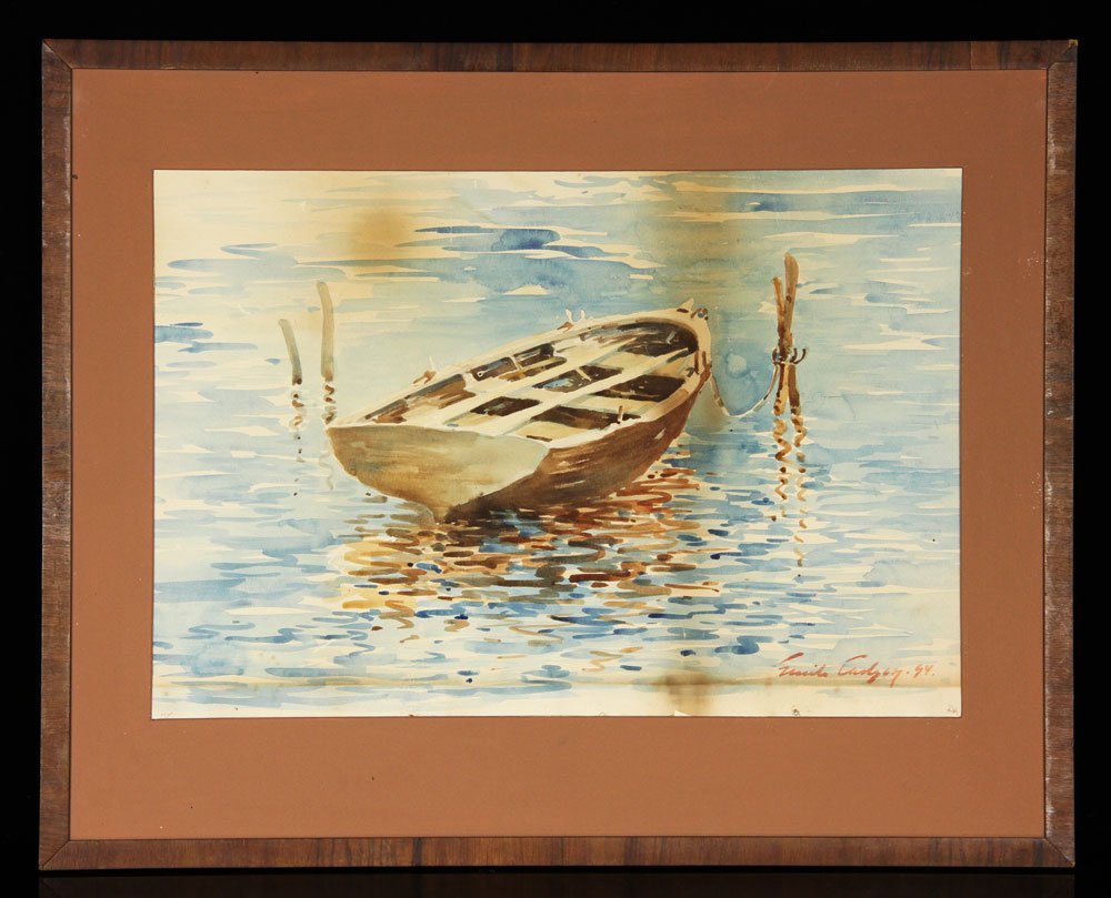 Carlsen, "Dory," W/C: Soren Emil Carlsen (American, 1853-1932), "Dory," watercolor, signed and dated, 12" h x 17 1/2" w (view), 18" h x 22" w (frame).