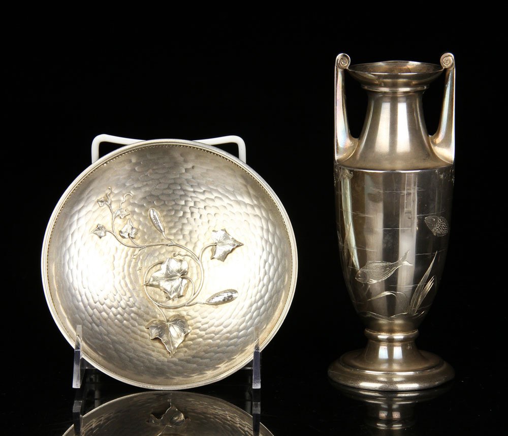 Lot of Gorham Sterling Silver: Lot of two Gorham items, sterling silver, to include: hand-hammered dish, 5 1/4" dia; and vase with fish design, 6 1/2" h; approximately 10 troy oz TW. Provenance: From a California estate.