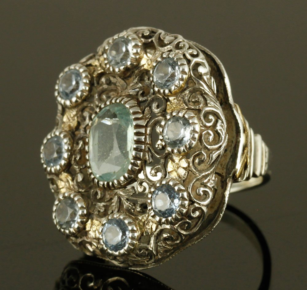Pre-Edwardian Ring, Sterling: Pre-Edwardian ring, sterling silver with aquamarine stones, size 5 1/2, approximately .2 troy oz TW. Provenance: From a California estate.