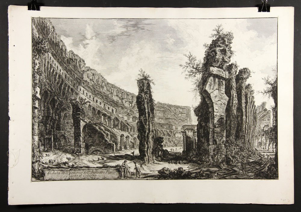 Piranesi, Veduta dell'interno del Anfiteatro Flavio: Giovanni Battista Piranesi (Italian 1720-1778), Veduta dell'interno del Anfiteatro Flavio detto ill Colosseo, etching, 1766, Hind 78, Focillon 760, state: Hind III/V, 21 1/2"h x 31 1/2"w (sheet), 18"h