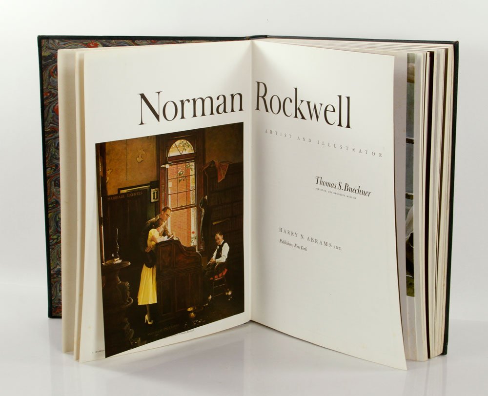 Norman Rockwell Signed Book: "Norman Rockwell: Artist and Illustrator" by Thomas S. Buechner, Harry N. Abrams, Inc., New York, 1970, leather bound book signed by Norman Rockwell, 17 1/4" h x 12 1/2" w x 1 3/4" d. Provenance: From