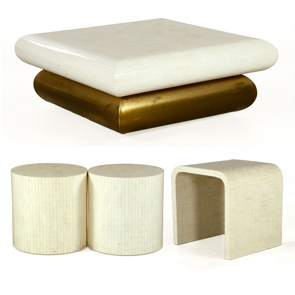 4 Enrique Garcel Bone Tables: Enrique Garcel bone coffee table, square side table and two round side tables, coffee table 18" h x 42" sq. Provenance: From a Massachusetts estate.