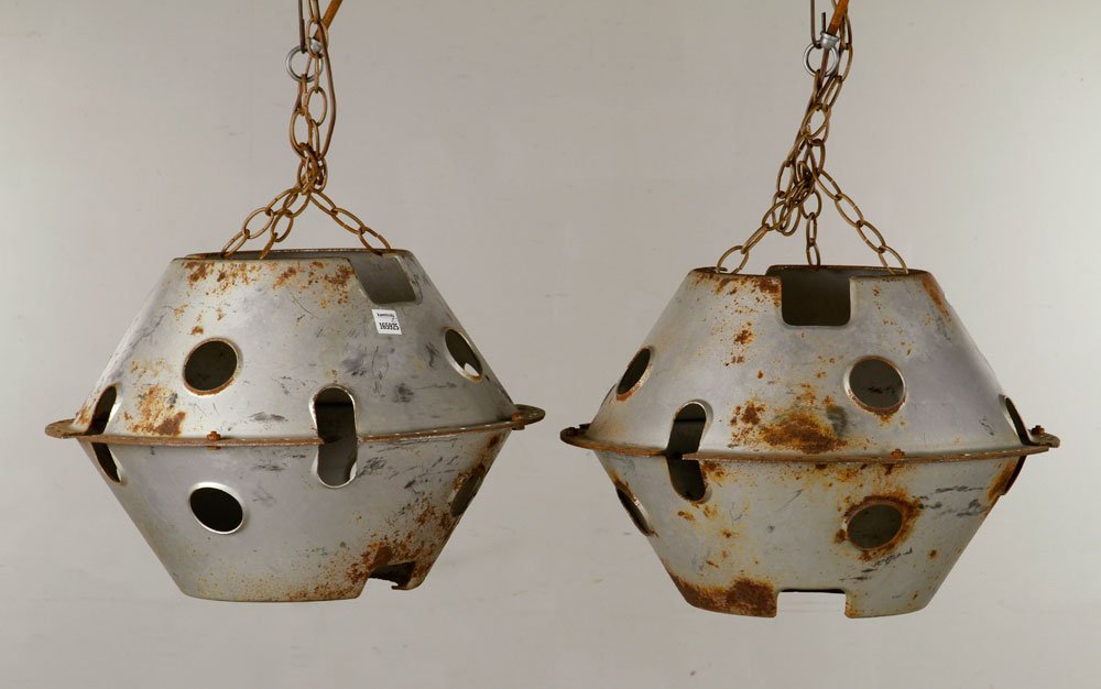 Pr. J. Tedder Military Jet Air Intake Hanging Lights: Pair of J. Tedder military jet air intake hanging lights, 14" h x 18" w.