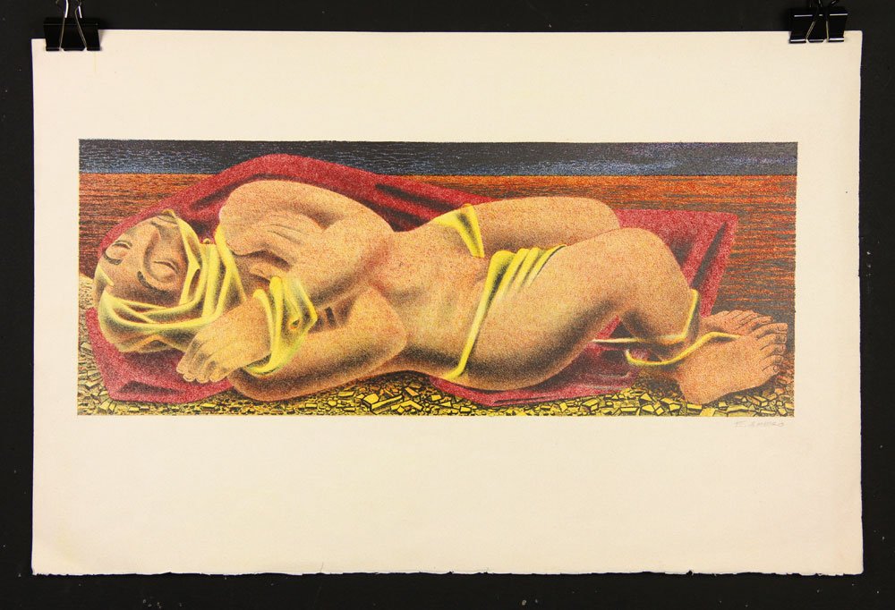 Amero, Nude, Lithograph: Emilio Amero (Mexican, 1901-1976), nude, colored monoprint lithograph, signed in pencil lower right, 6 5/8" h x 17 1/4" w (image), 13" h x 20" w (sheet). Provenance: From a Florida estate.