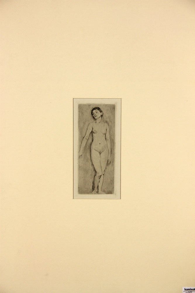 Corinth, "Stehendes Madchen," Etching: Lovis Corinth, Stehendes Madchen (standing nude), 5 3/4" h x 2 1/2" w (impression), 20" h x 15" w (mat). Provenance: From a Massachusetts estate.