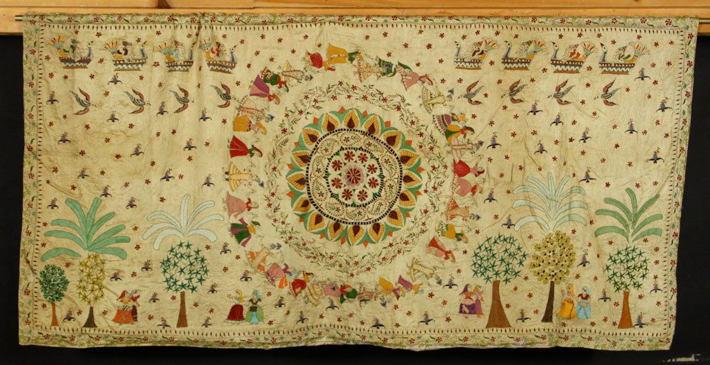 Antique Indian Needlework Fabric: Antique Indian wall-hanging, needlework on fabric, depicting a dancing ceremony, 34" h x 72" w. Provenance: from a Massachusetts estate.