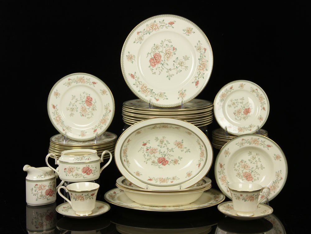 Minton China Service: 58 piece Minton jasmine blue china service for ten with extras including sugar pot and creamer. Provenance: From a Massachusetts estate.