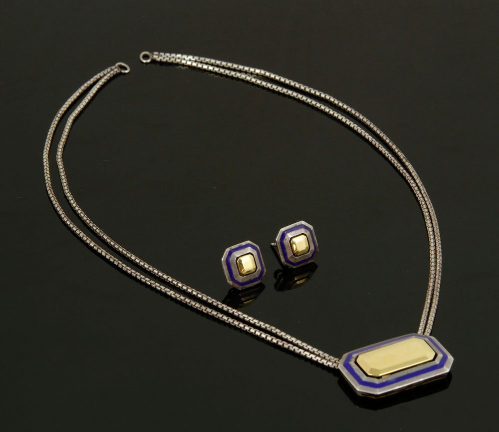 Cartier 18K Gold, Sterling and Enamel Necklace and: Cartier Art Deco necklace and earring set, 18k yellow gold, sterling silver and enamel, with Cartier box, approximately 18g total weight, 30" l. Provenance: From a Massachusetts estate.