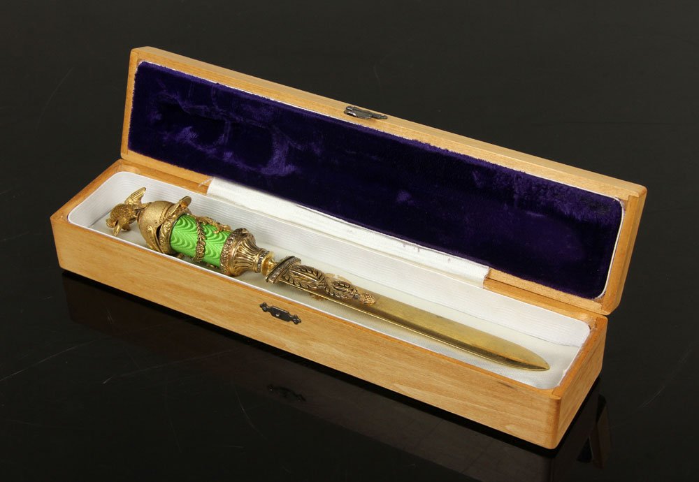 Russian Silver Presentation Letter Opener: Russian presentation letter opener, .84 silver, with guilloche enamel and diamond, hallmarked in Cyrillic, 9 1/4" h, approx. 3.7 oz troy total weight. Includes fitted case. Provenance: from a New York