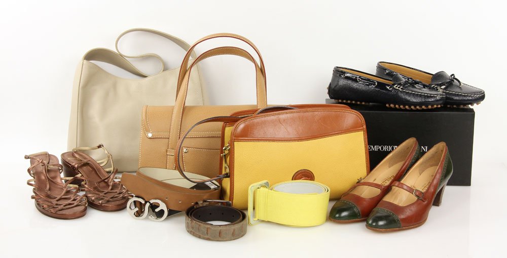 Lot of 9 Vintage Items: Lot of nine vintage fashion items to include: 3 handbags from Dooney & Burke, Furla and Escada; 3 belts from Armani and Escada; 3 pairs of shoes size 8 from Helpern, Armani and Bally. Provenance: From