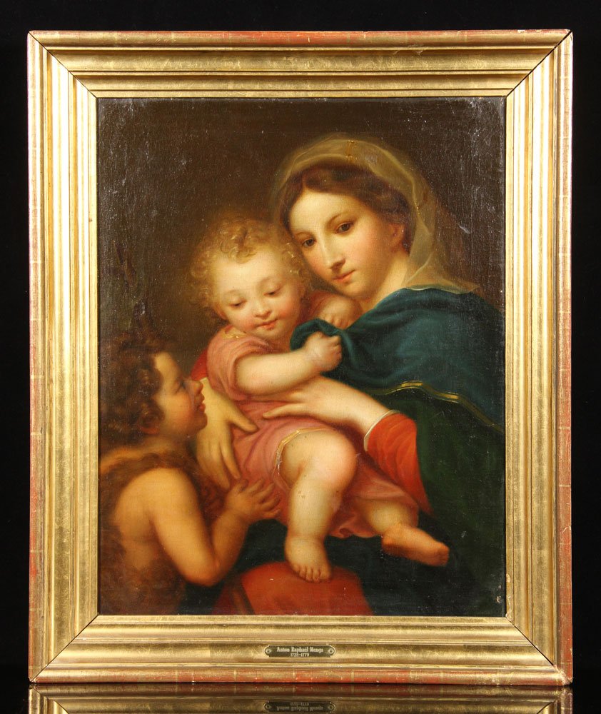 Mengs, "Madonna and Child," O/C: Anton Raphael Mengs, Madonna and child, oil on canvas, 22" h x 17" w (view), 27" h x 22" w (frame). Provenance: from a Massachusetts estate.