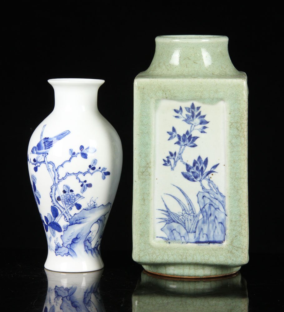 Lot of 2 Chinese Blue & White Porcelain Vases: Lot of two Chinese vases, blue and white porcelain, one signed Wang Bu, 8" h, one square shaped, 9 3/4" h. Provenance: from a Massachusetts estate.