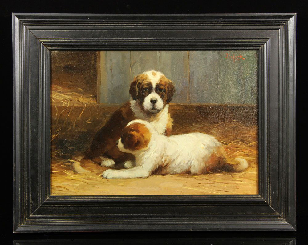 Lefort, "St. Bernard Dogs," O/B: Jean Lefort (French, 1875-1954), "St. Bernard Dogs," oil on board, 14" h x 19 1/2" w (view), 20" h x 26" w (frame).