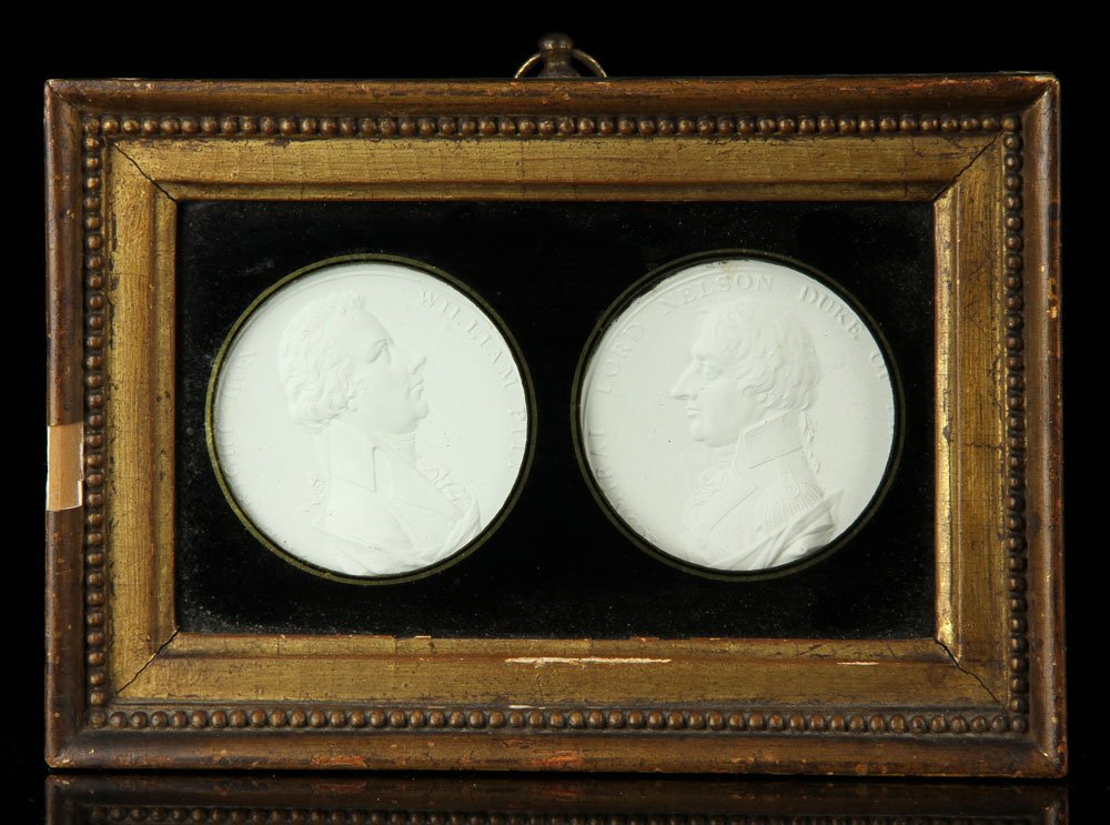19th C. Framed Plaster Portrait Medallions: Lot of two early 19th century framed portrait medallions, plaster, of William Pitt and Lord Nelson, label verso, 5" h x 7 1/2" w.