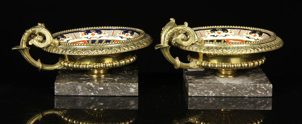 Pr. French Bronze Compotes: Pair of French compotes, bronze with marble base, and English mason dish liners, 4 3/4" h x 9 1/2" w. Provenance: From a California estate.