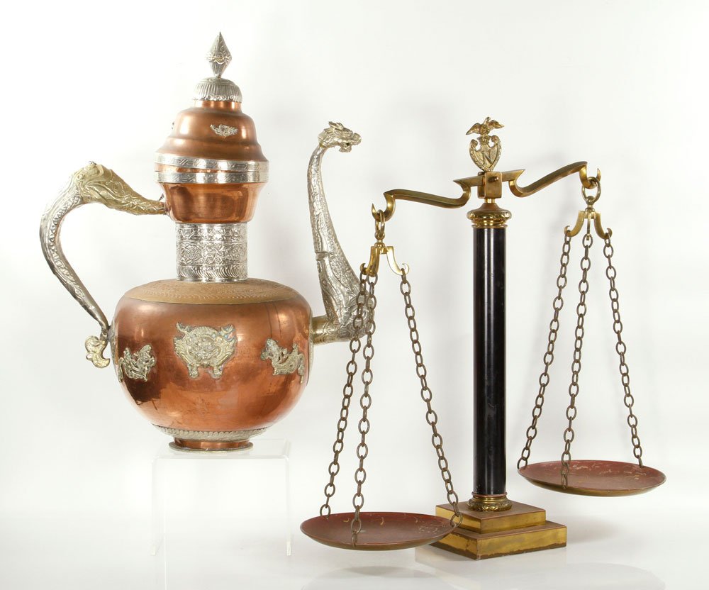 Antique Brass Scale and Copper Kettle: Antique brass scale and copper kettle. Provenance: From a California estate.