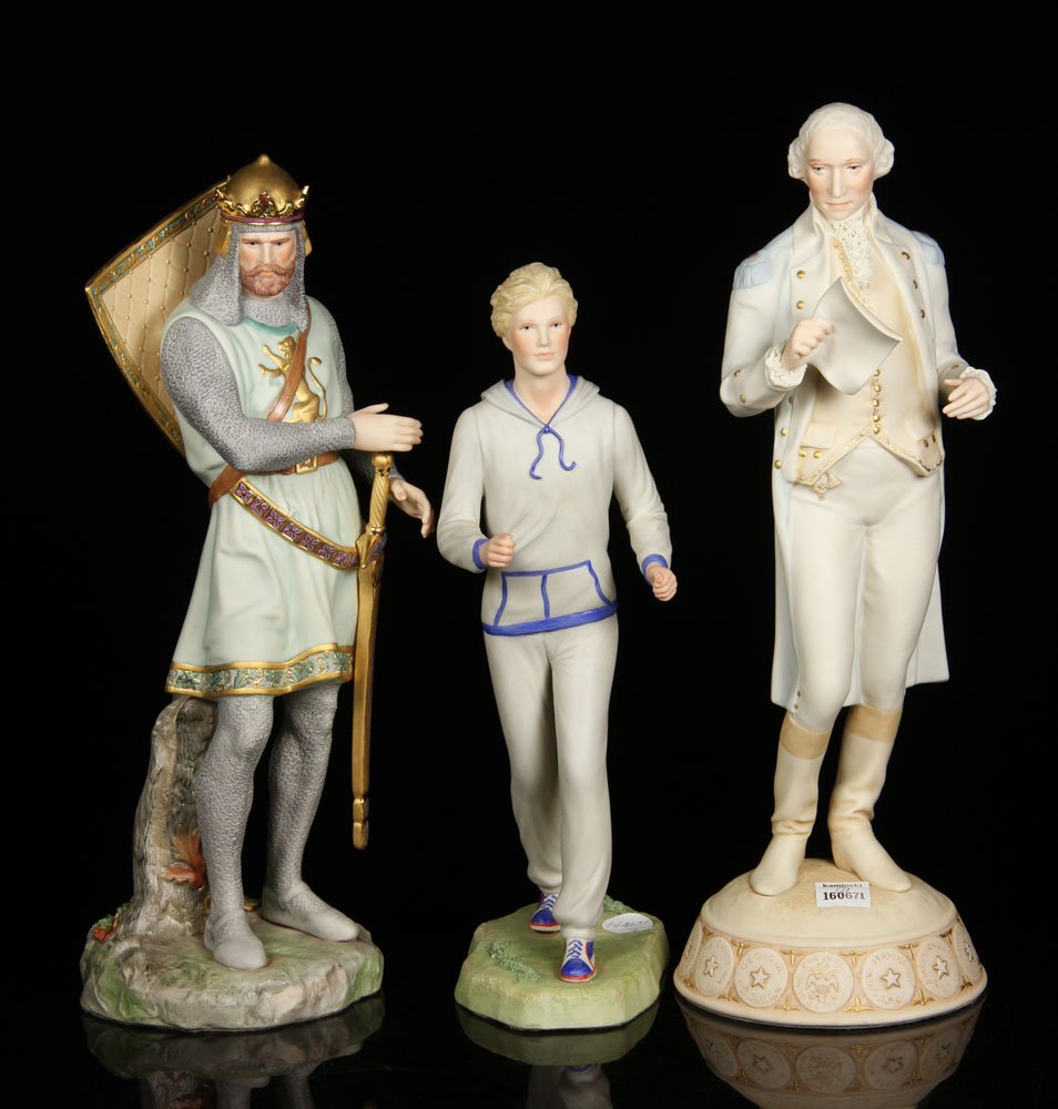 Lot of 3 Large Cybis Figures, Porcelain: Lot of three large Cybis figures, porcelain, to include bisque painted knight, George Washington figure and jogging figure. Provenance: from a New Hampshire estate.
