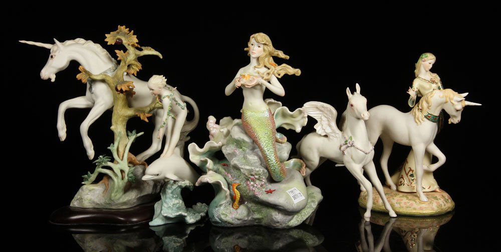 Lot of 5 Fantasy Cybis Figures, Porcelain: Lot of five fantastical Cybis figures, porcelain, to include: one unicorn, one mermaid, one unicorn with woman, one flying horse and one dolphin, 12 1/2" h (largest). Provenance: from a New Hampshire