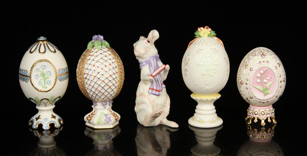 Group of 5 Cybis Easter Figurines: Group of five Cybis Easter figurines, to include four eggs and one rabbit, 6 1/4" (tallest). Provenance: from a New Hampshire estate.