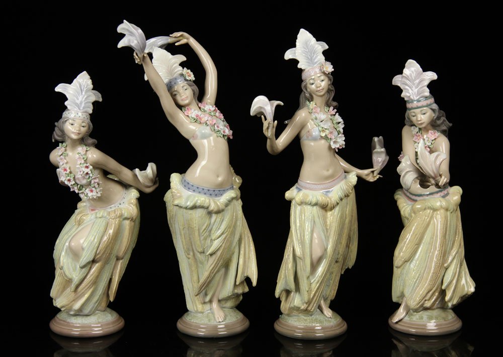 Set of 4 Lladro Tahitian Dancers: Set of four Lladro Tahitian dancer figurines, porcelain, 12" h (tallest). Provenance: from a New Hampshire estate.