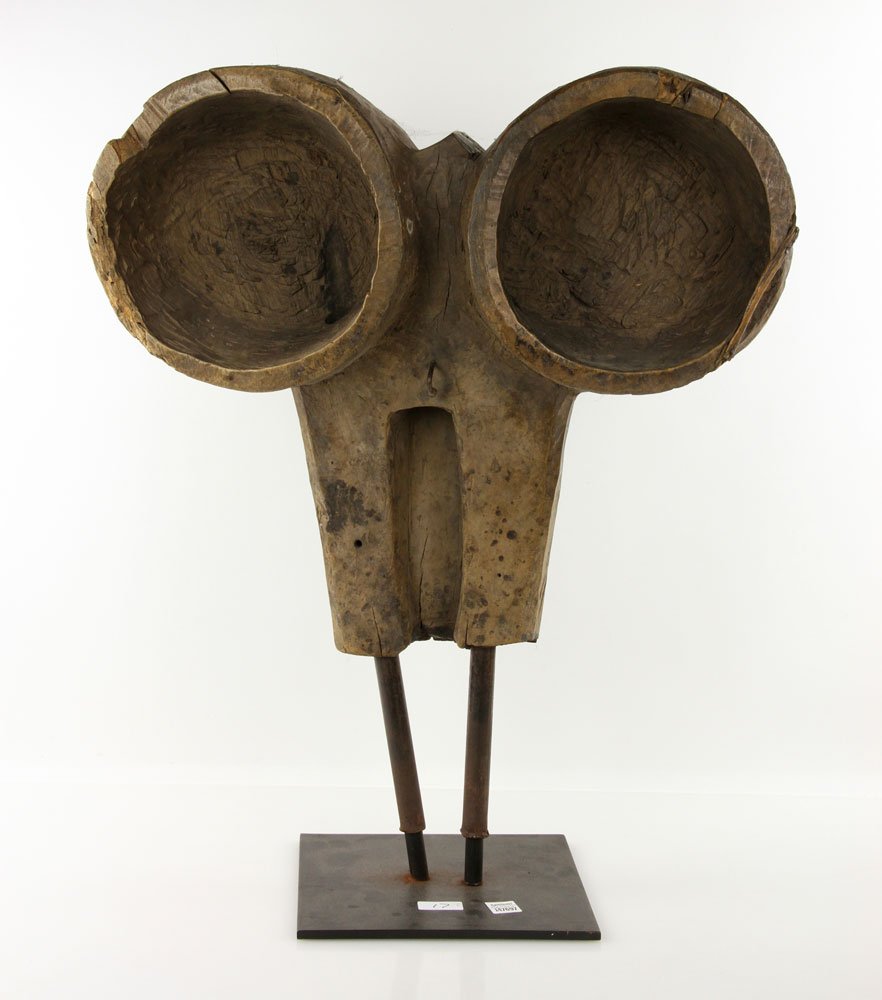 African Carved Bellows: African tribal carved bellows, wood, on museum mount, Democratic Republic of Congo, 20" h x 23" w x 7" d. Provenance: from a California estate.