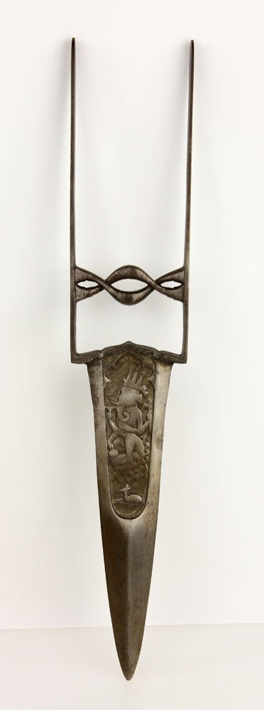 19th C. Indian Katar: 19th century katar, Indian, with carved blade; 8 1/2" l (blade), 16 1/2" (overall). Provenance: From the unreserved Vincent J. Vabri Edged Weapon Collection.