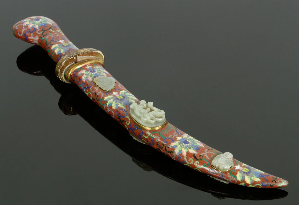 Chinese Dagger with Cloissone Hilt and Scabbard: Curved dagger, Chinese, with cloissone hilt and scabbard, carved jade insets on scabbard; 11" l (blade), 16 1/2" l (overall). Provenance: From the unreserved Vincent J. Vabri Edged Weapon Collection.